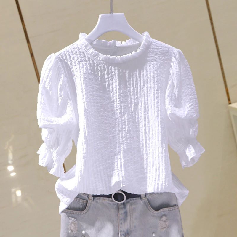 

Fashion Design White Women Blouse 2024 Summer Ruffles Puff Sleeved Solid Slim Elegant Office Lady Pulls Outwear Top Quality