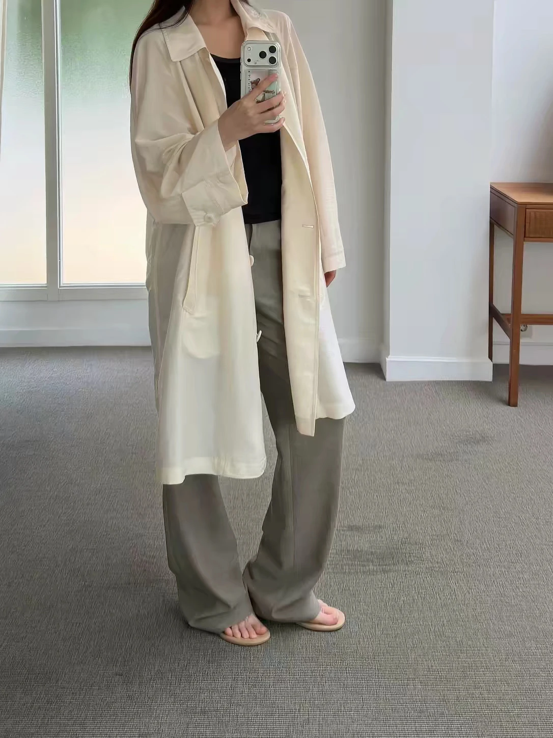 Loose Fit Women's Long Coat Jacket Nylon Material Button Closure Single Sleeve Pure Color Style Casual Elegant Style