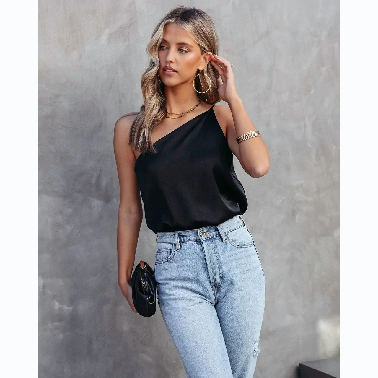 Personalized Sexy Trend Solid Color Diagonal Collar Off-the-shoulder Suspender Top Fashion Charm Asymmetrical Straight Tube