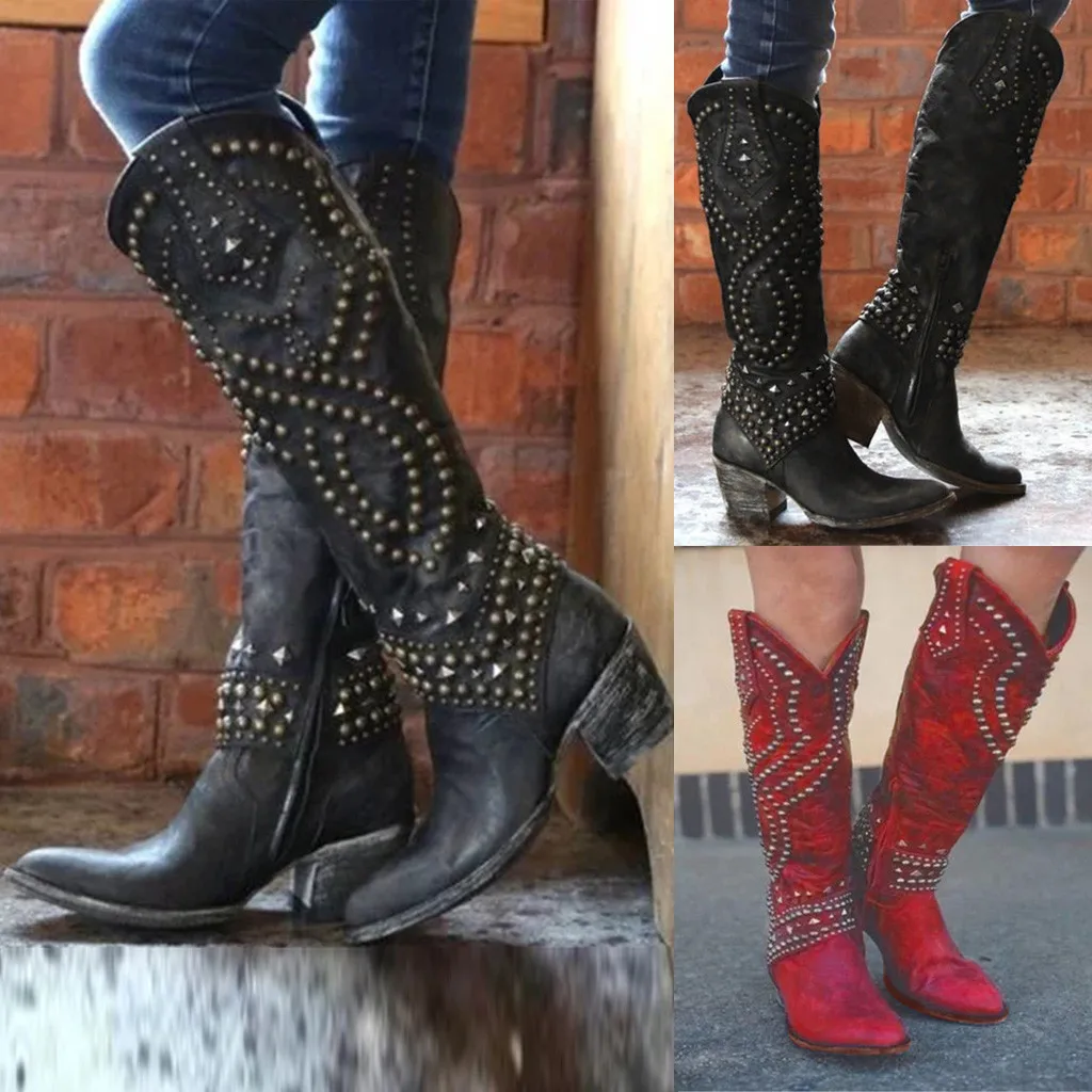 Rivet Western Cowgirs Boots Pointed Toe Knee High Knight Boots Autumn Winter New Fashion Women's High Top  Motorcycle Boot