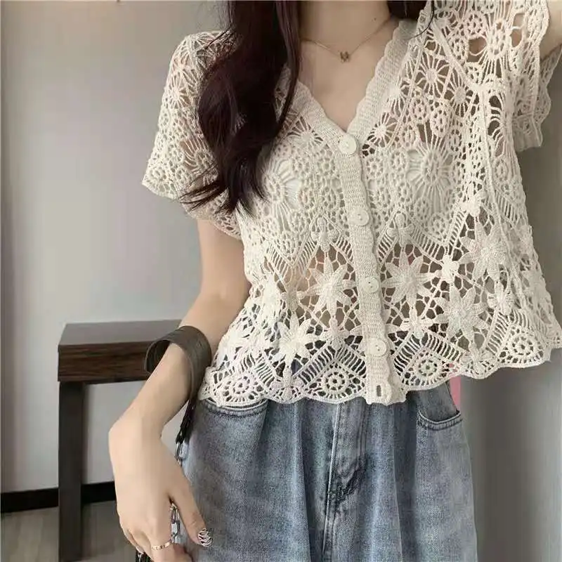 

Sheer Crochet Top Button Front V-Neck Short Sleeve Open-knit Embroidery Blouse Women Summer Boho Vacation Outfit