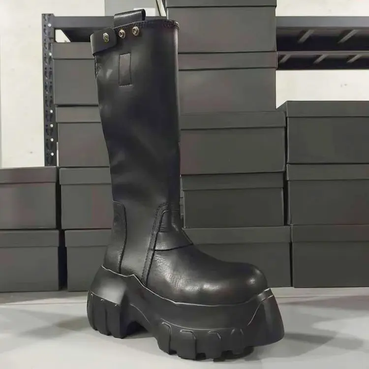Men's Knee High Shoes Platform Woman Sneakers Leather Gothic Heels Luxury Vintage Trendy Designer Black Male Boots