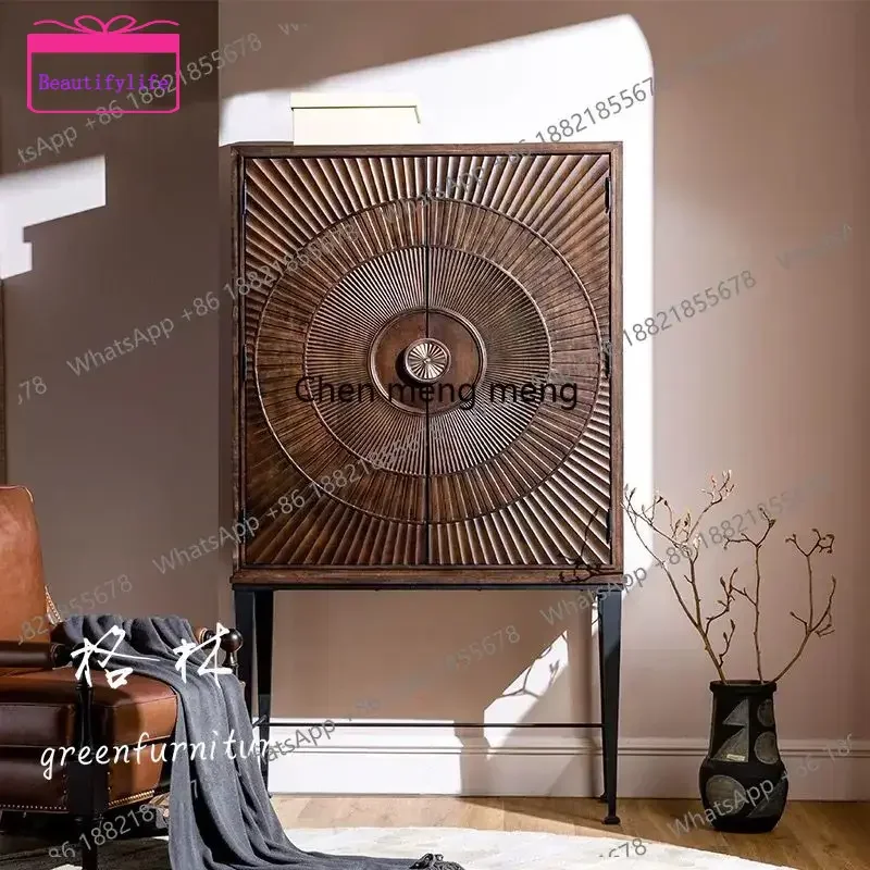 

YL retro Chinese solid wood wine cabinet/French American living room carved locker/floor display cabinet