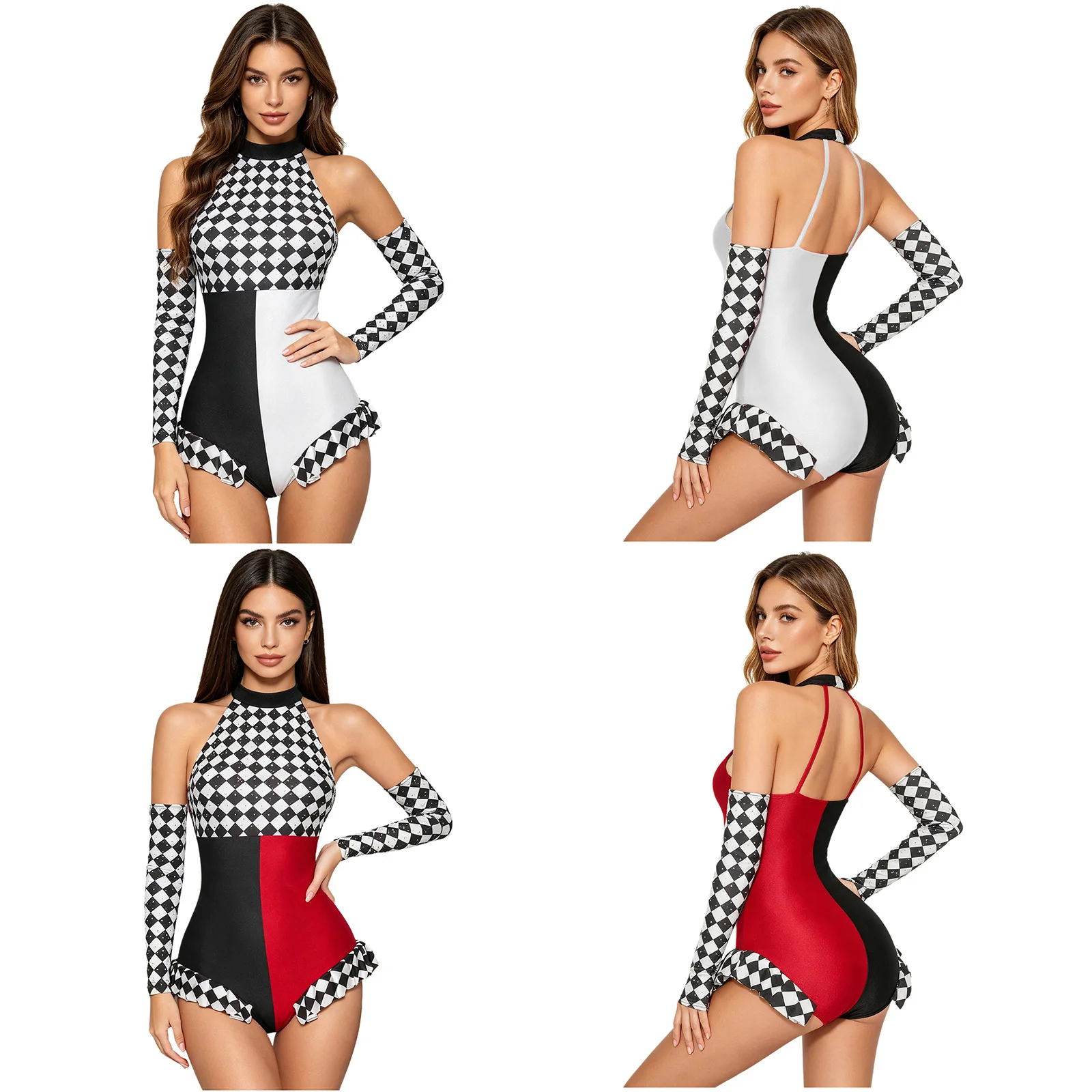 Halter Backless Ballet Leotard for Women Clown Cosplay Ruffled Trim Bodysuit with Rhinestone Checkerboard Gloves for Halloween