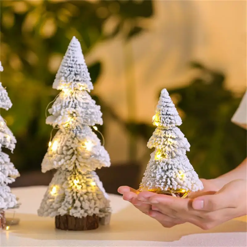 Mini Christmas Tree Ornaments With Light Flock Cedar Tree Realistic Tabletop Pine Tree DIY Christmas Decoration Christmas Gift