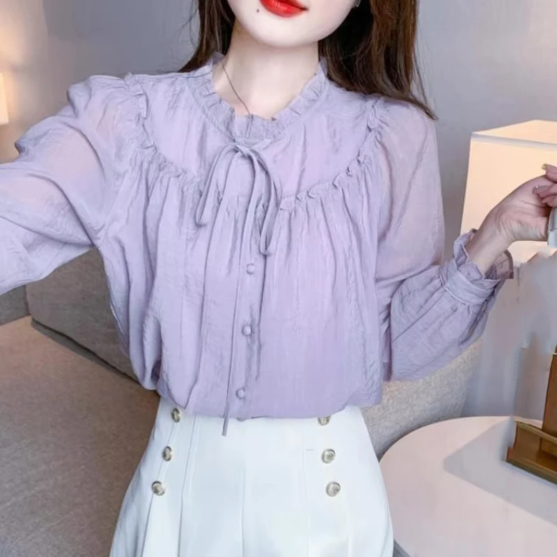 الأرجواني الإناث بلايز طويل القامة كامل كم طويل اليابانية Harajuku موضة بسيطة رخيصة أنيقة جميلة مع القوس قميص نسائي وبلوزة