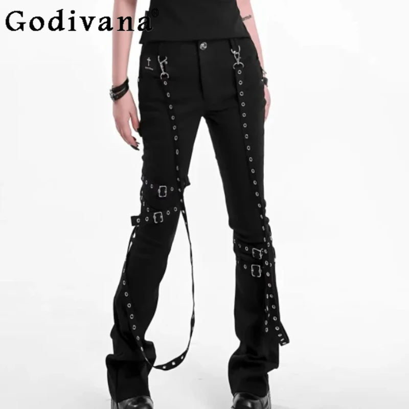 Spring Autumn New Fashion Versatile Lace-up Removable Personality Trousers Goth High Elastic Punk High Waist Black Flared Pants