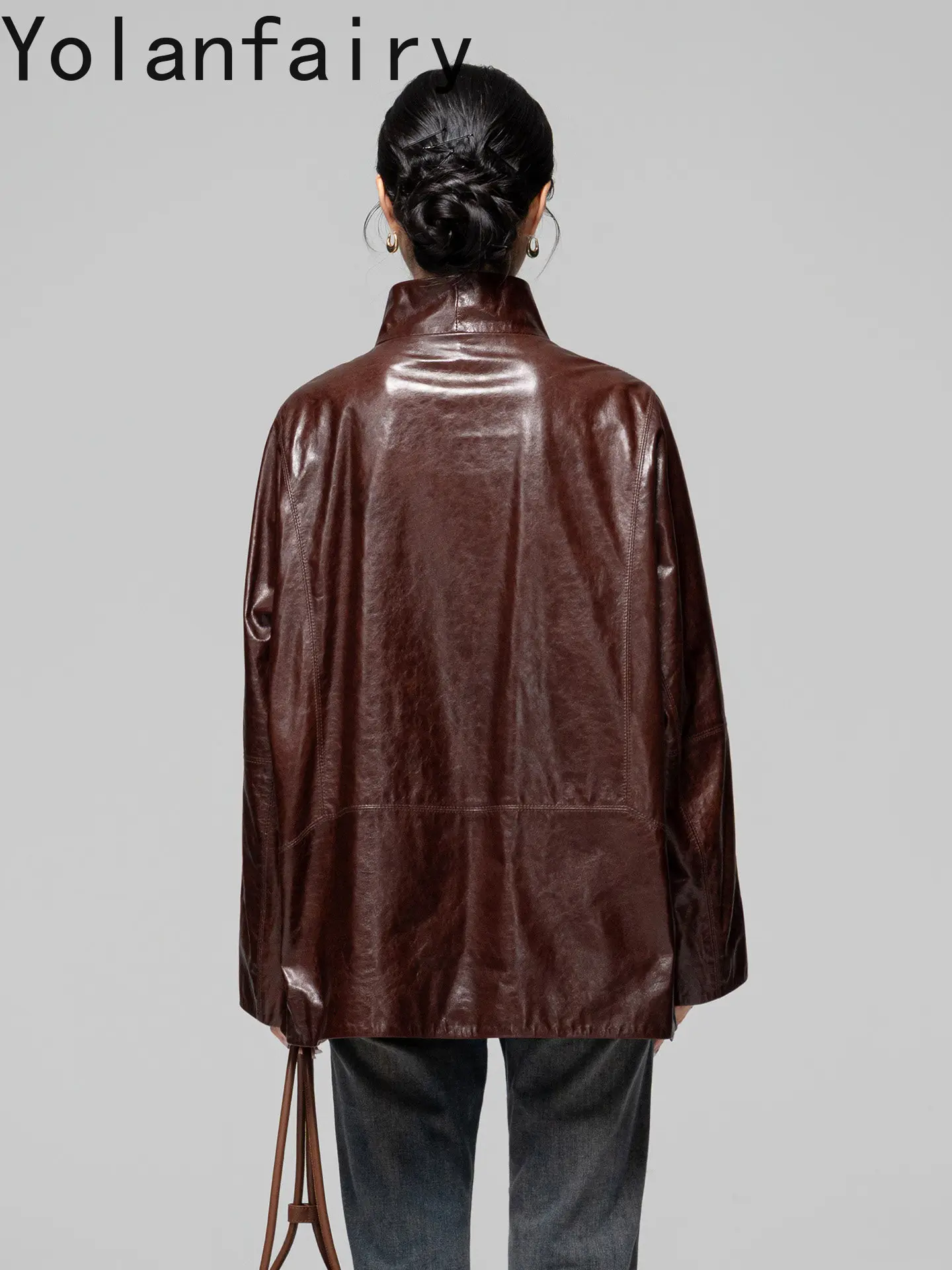 YOLANFAIRY Waxed Sheepskin Woman Leather Coats Mid-length Genuine Leather Jacket Women Vintage Old Money Style Elegant Outerwear