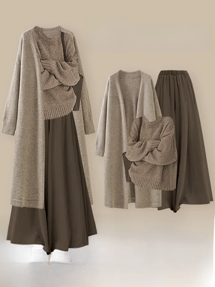 

Lazy Style Knitted Three-Piece Set Vintage Merald Cardigan Coat Casual Wide Leg Pants Women's Fashion Autumn Winter Ensemble
