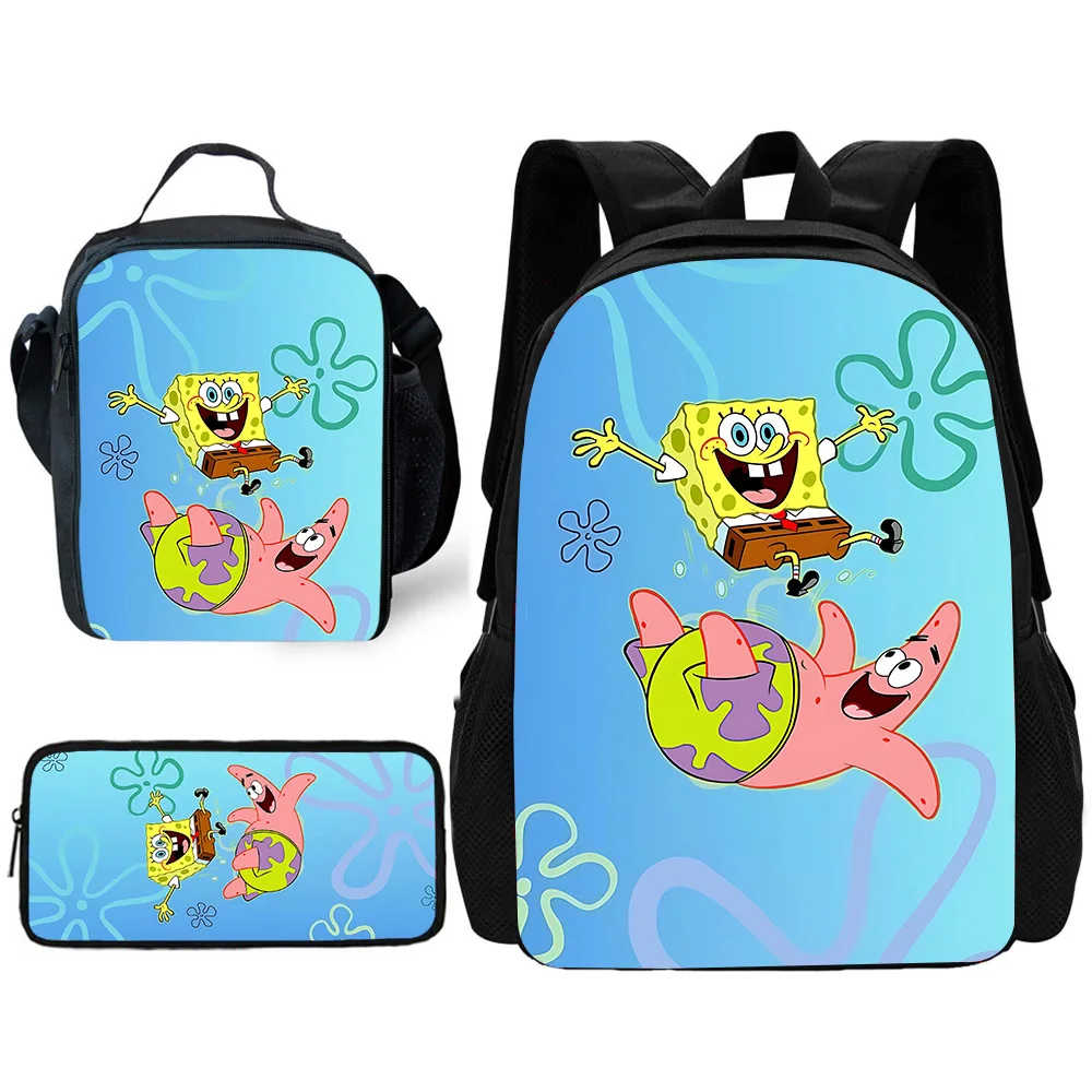 Child School Cartoon Cute Anime SpongeBobs Backpack with Lunch Bags ,Pencil Bags ,School Bags for Boys Girls Best Gift