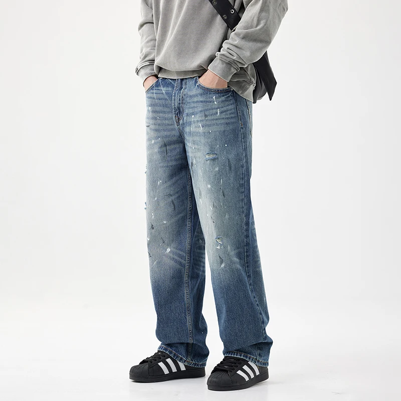 Vintage American high street men's jeans 2024 fall new personalized ink paint loose casual straight pants Streetwear　