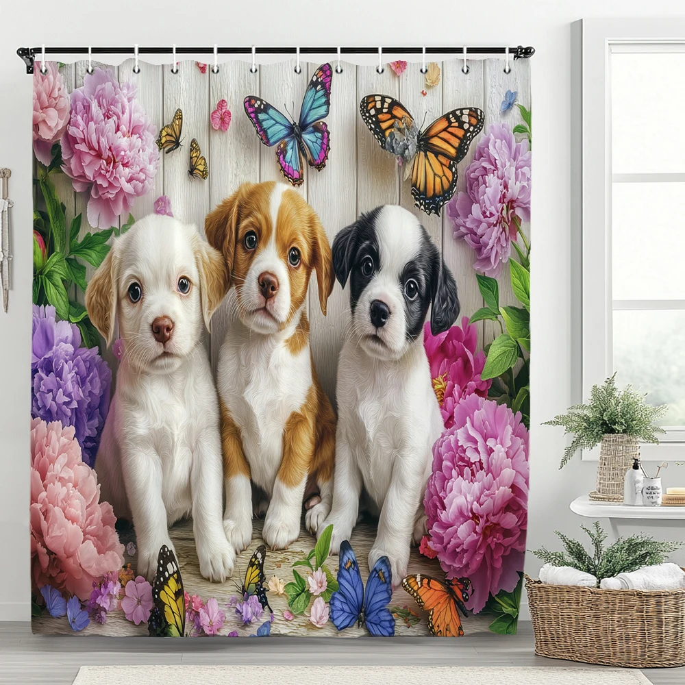 

3D Printed Cute Puppies Shower Curtain Lovely Cartoon Animal Bathroom Decorative Curtain, Printed Home Curtain with 12 Hooks