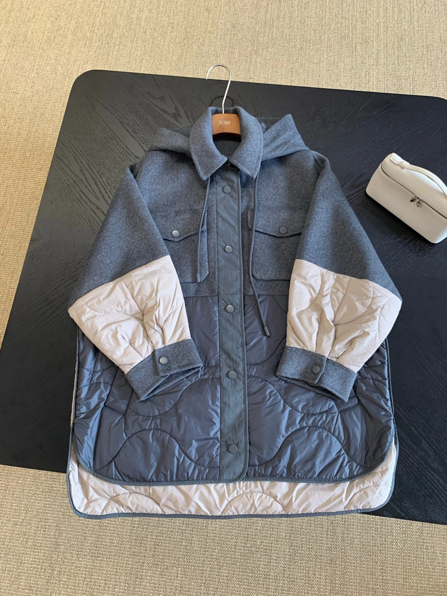 

Autumn Winter New Arrival Woolen Plaid Stitched Casual Women's Loose Faionable Hooded Mid-Length Versatile Outdoor Jaet