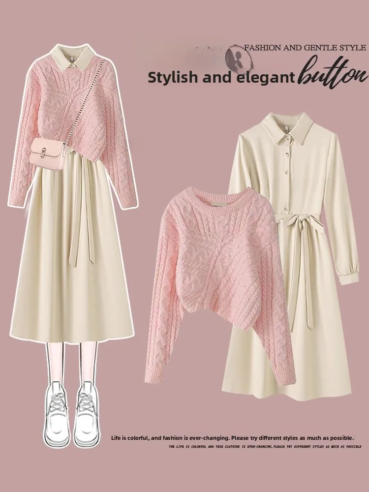 

Plus Size plus Size Women's Knitted Sweater Dr Set Gentle Sle Korean Slimming Meat Covering Two-Piece Set ort Length V-Ne Lon...