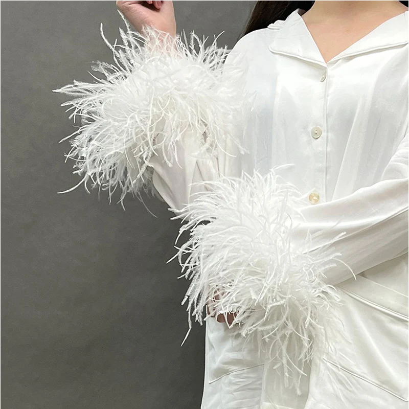 Women Big Feather Pajamas Sets 2024 Spring Summer Lady Natural Ostrich Feather Suit S5385