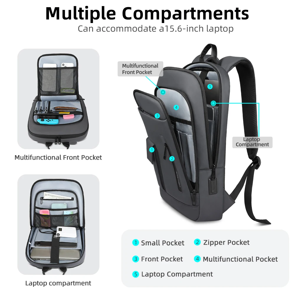 HK Multi-Pocket Backpack for Men Waterproof 15.6 Inch Laptop Backpack Anti-Theft Durable Travel Business Bag with USB Charging