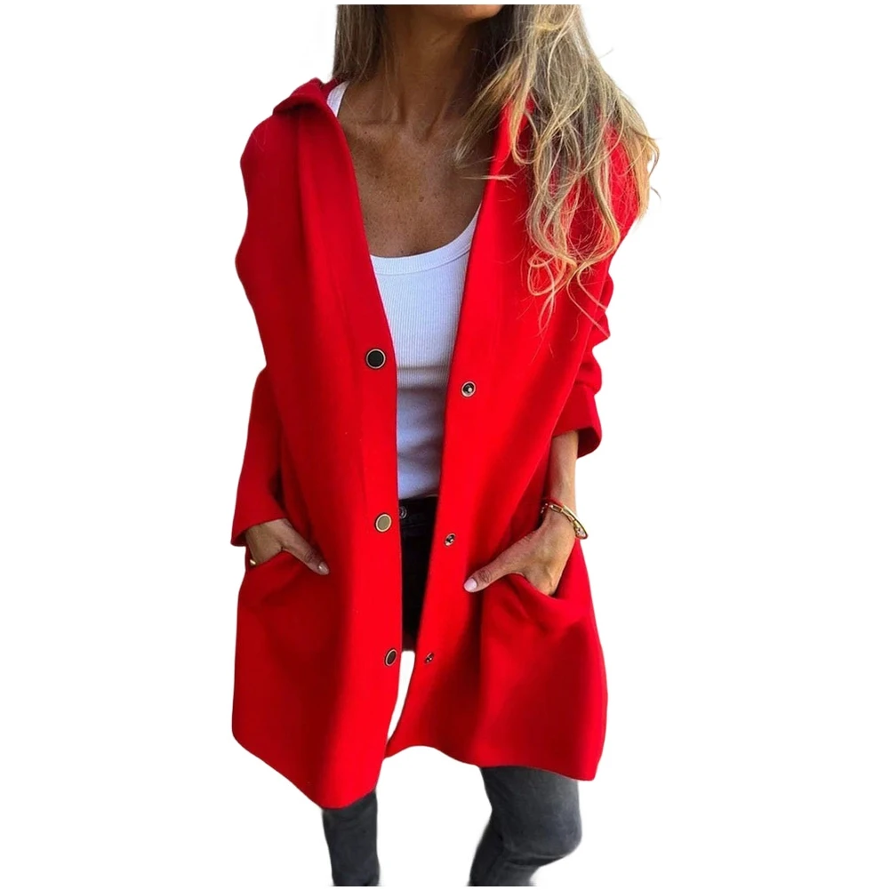 

Women Hooded Windbreaker Jacket with Long Sleeves Single Breasted Closure Trench Coat Cardigan Outerwear for Cool Weather