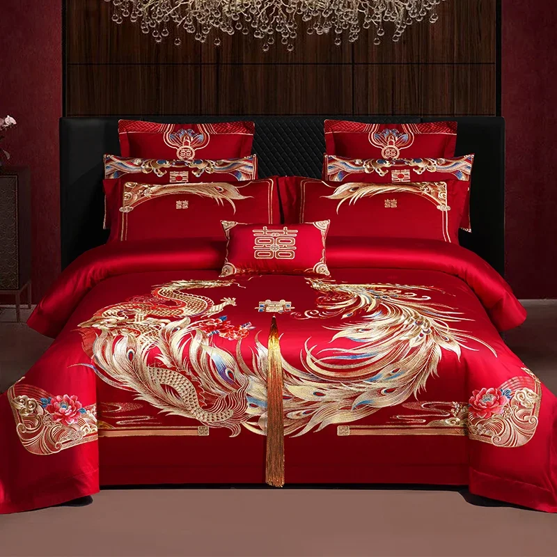 4/6/9Pcs Red Luxury Chinese Golden Dragon Phoenix Embroidery Wedding Bedding Set 100% Cotton Duvet Cover Bed Sheet Pillowcases