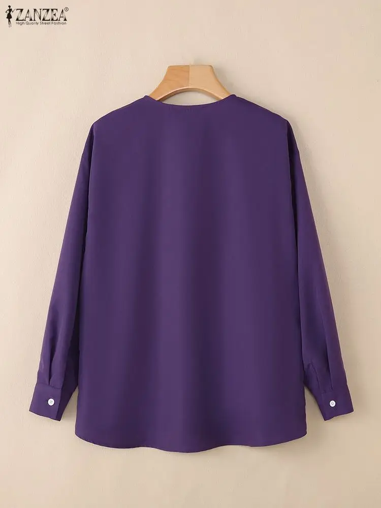 ZANZEA-camisas minimalistas para mujer, camisa informal de manga larga con cuello redondo y costuras abotonadas de Color sólido, ropa detallada para otoño 2025, 3XL