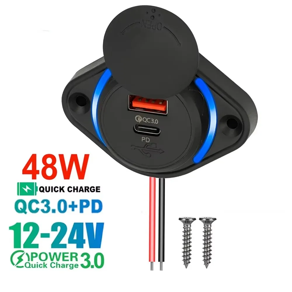 48W PD QC3.0 Dual Ports Phone Charger Panel Type C USB Power Socket with LED Light For 12V-24V Car Boat Bus Chair Waterproof