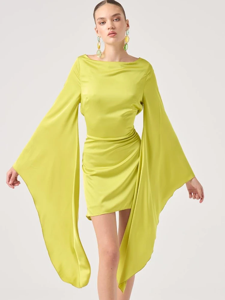 Oniflyme الساتان عارية الذراعين Bodycon فستان قصير المرأة الخريف الصلبة س الرقبة غير النظامية كم طويل سليم فساتين قصيرة أنيقة ملابس الحفلات