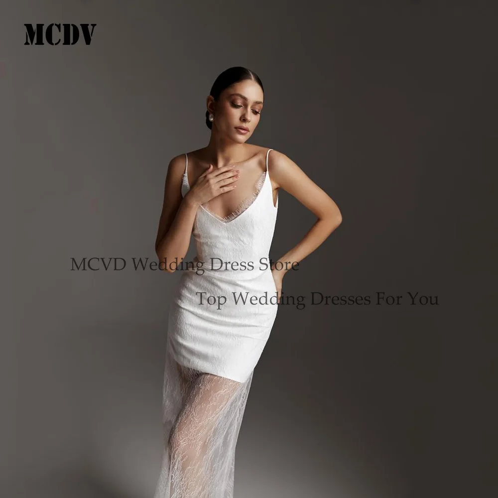 

MCDV Lace Wedding Dresses Floor Length Mermaid Applique Straight V-Neck Short Bride Gowns For Women Spaghetti Strap Customized