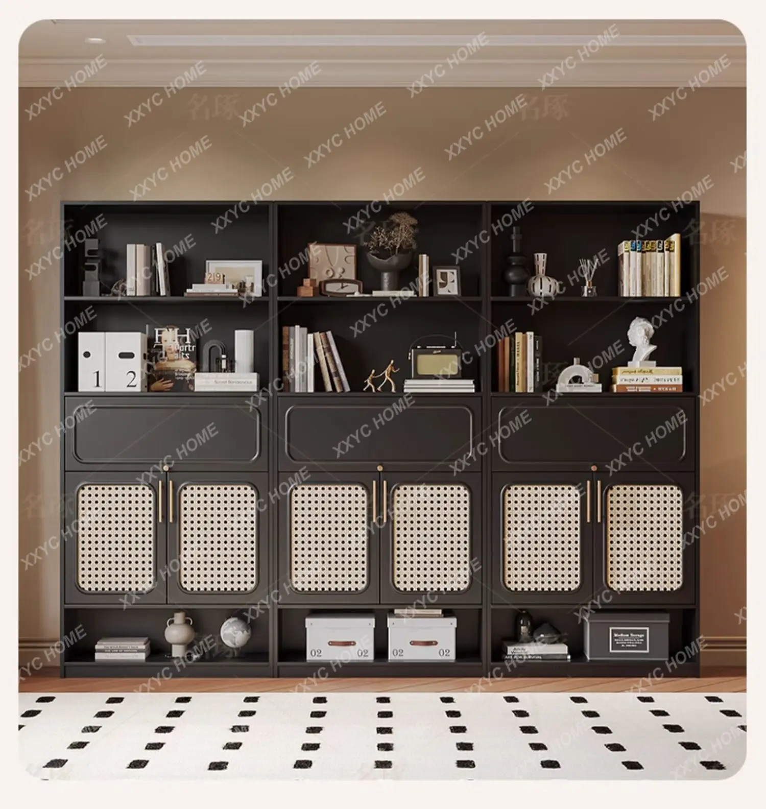 

XZ retro rattan bookcase medium antique study floor display cabinet free combination