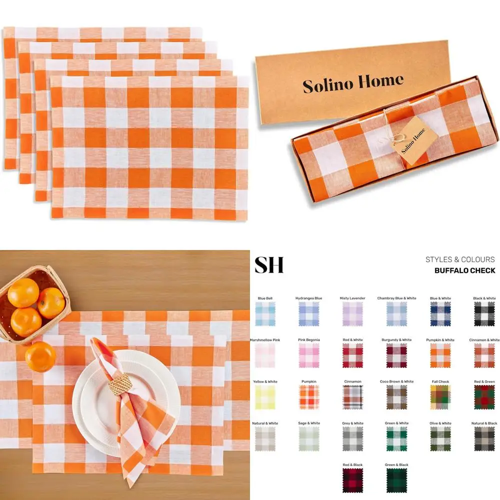 

100% Pure Linen Pumpkin and White Buffalo Check Farmhouse Placemats Set of 4, 14x19 Inches