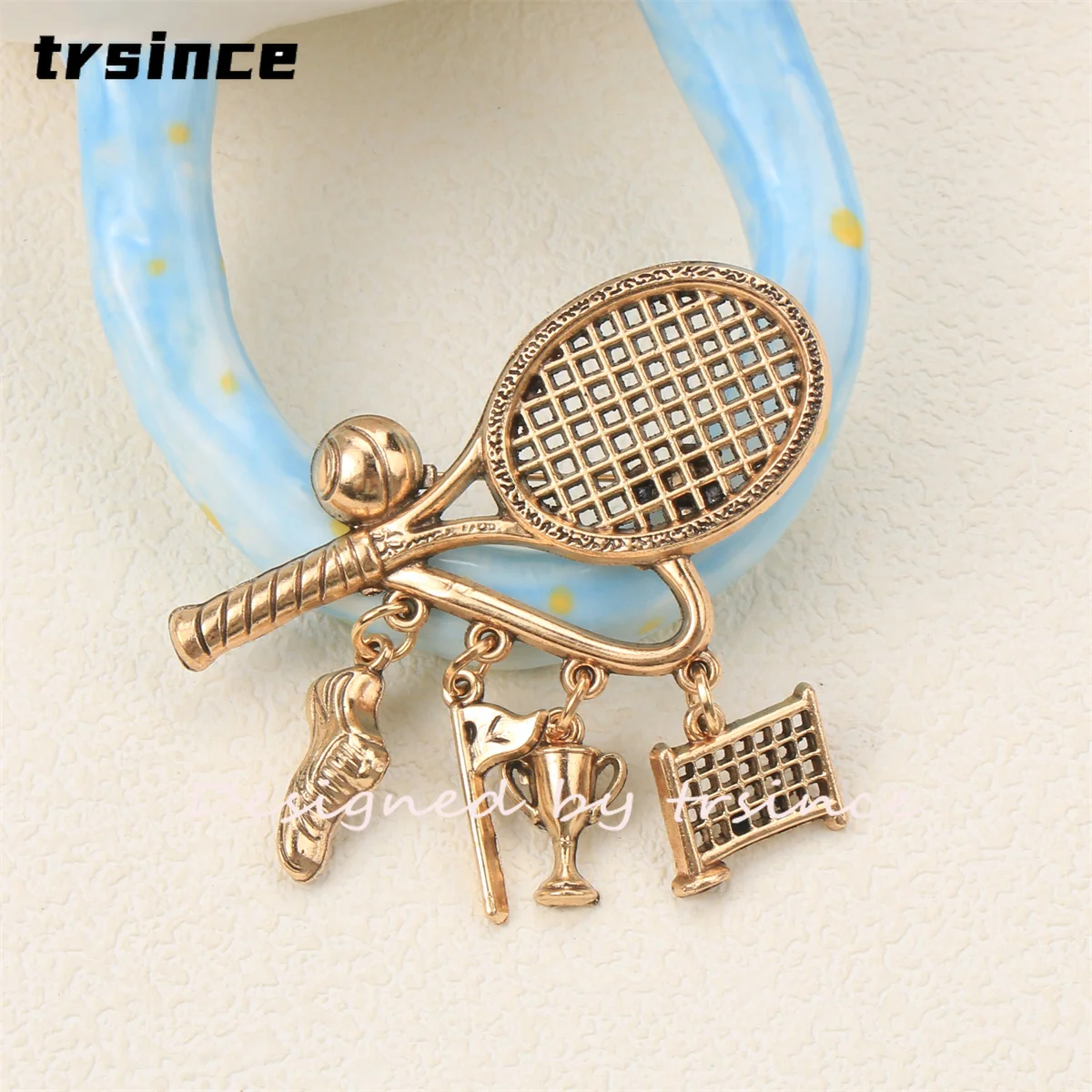Vintage Flower Basket Tennis Racket Brooch Dangle Charms Lapel Pin Gardening Sport Theme Brooches Women Coat Jewelry
