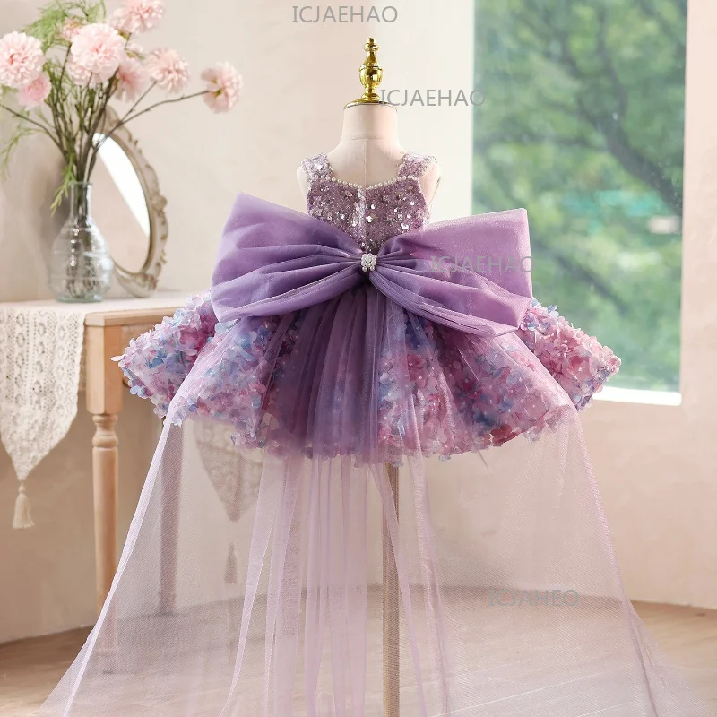 2026 Party Dress Summer New Fashion Floral Sleeveless Kids Host Princess Gown Costume Cute Sweet Purple Children Girls Birthday view 4