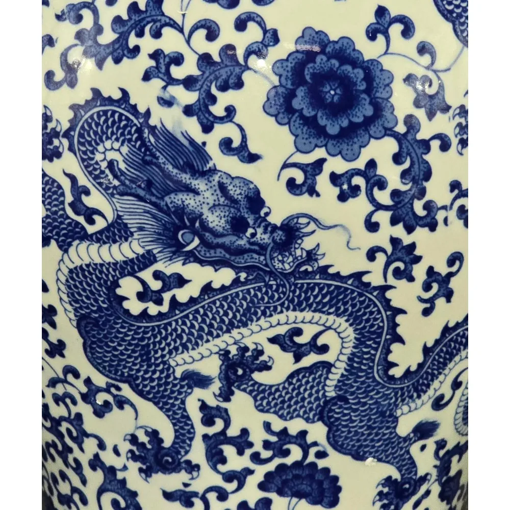 Large Blue & White Floral Porcelain Ginger Jar Vase, Qing Dynasty Style