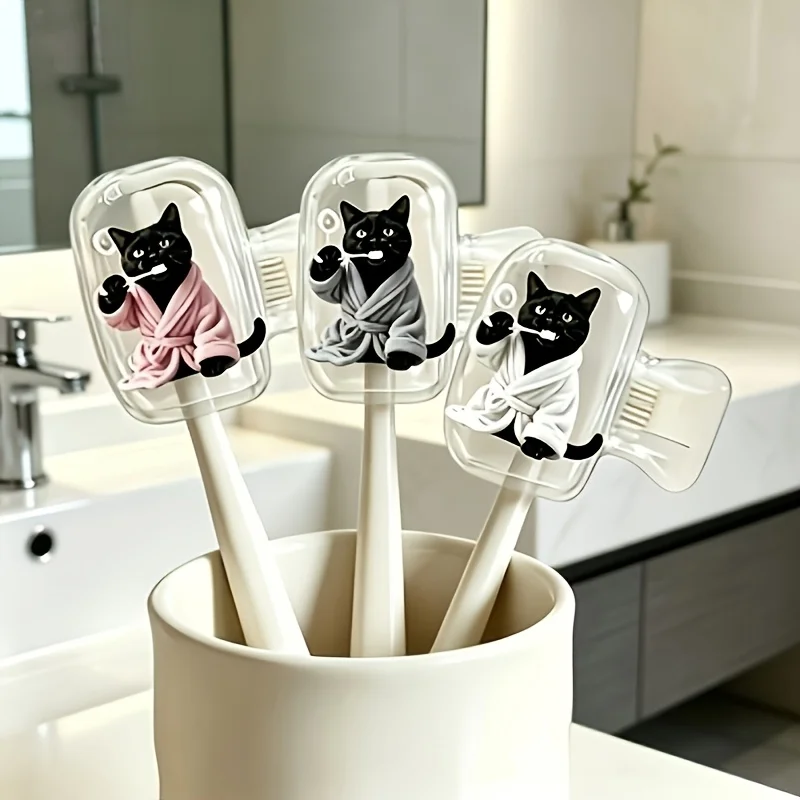 4pcs Black Cat Dressing Gown Portable Toothbrush Head Cover Essential Bathroom Accessory for Home And Business Travel Daily Use