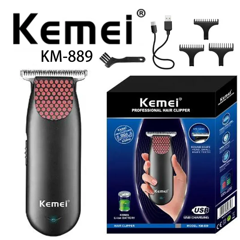 Kemei Km-889 Mini portabel kebisingan rendah, kepala pemotong baja karbon hitam dapat diisi ulang tanpa kabel rambut