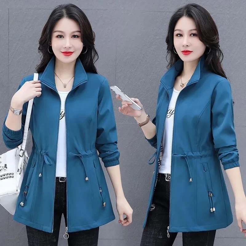 

Vintage Spring And Autumn Stand Collar Jacket Mid Long Sports Women's Trench Lining Casual Fashion Waist Wrapped Women's Jacket