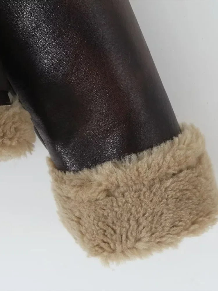 LIBIELIY 솔리드 컬러 느슨한 두꺼운 따뜻한 옷깃 모조 양가죽 겨울 새로운 긴팔 오토바이 자켓 여성 가죽 자켓