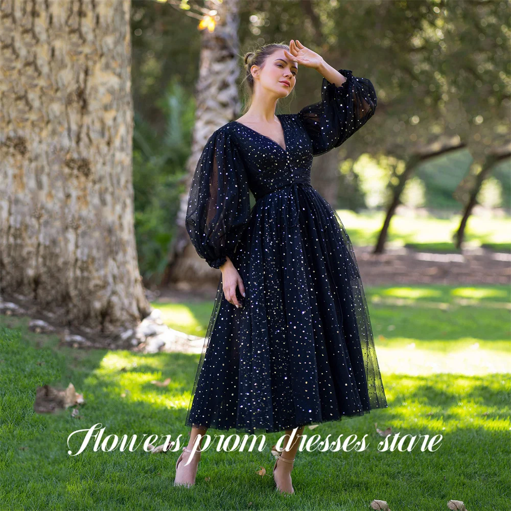 

Flowers Black Evening Dresses V Neck Tulle فساتين السهرة Puff Long Sleeve Party Dress with Shiny Dots Customized