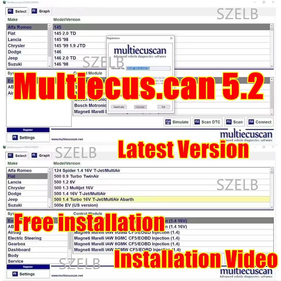 Multiecuscan V5.2 Registered for Fiat/Chrysler/Dodge/Jeep/Suzuki Scanner Software Work with ELM327 / OBD II Diagnostic Tool
