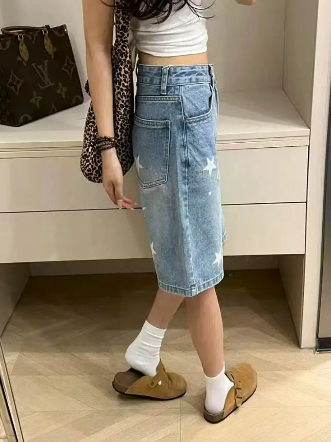GG Casual Floral Print Loose Wide Leg Womens Jeans New American Retro Star Design Straight Leg Comfort Stretch Soft Denim Shorts