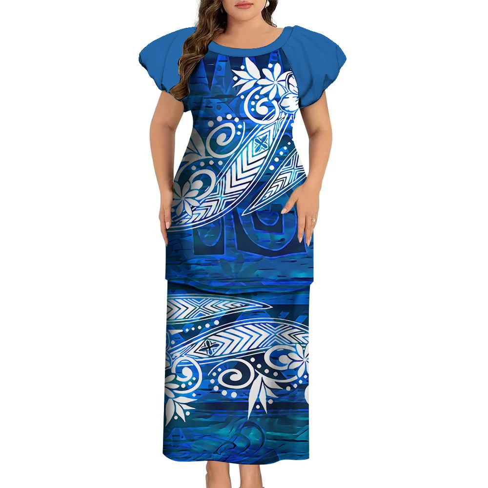 Samoa Club Ladies Puletasi Polynesian Ladies Custom Vintage Print Long Dress Soft Fabric Summer New Elegant Women\'S Wear