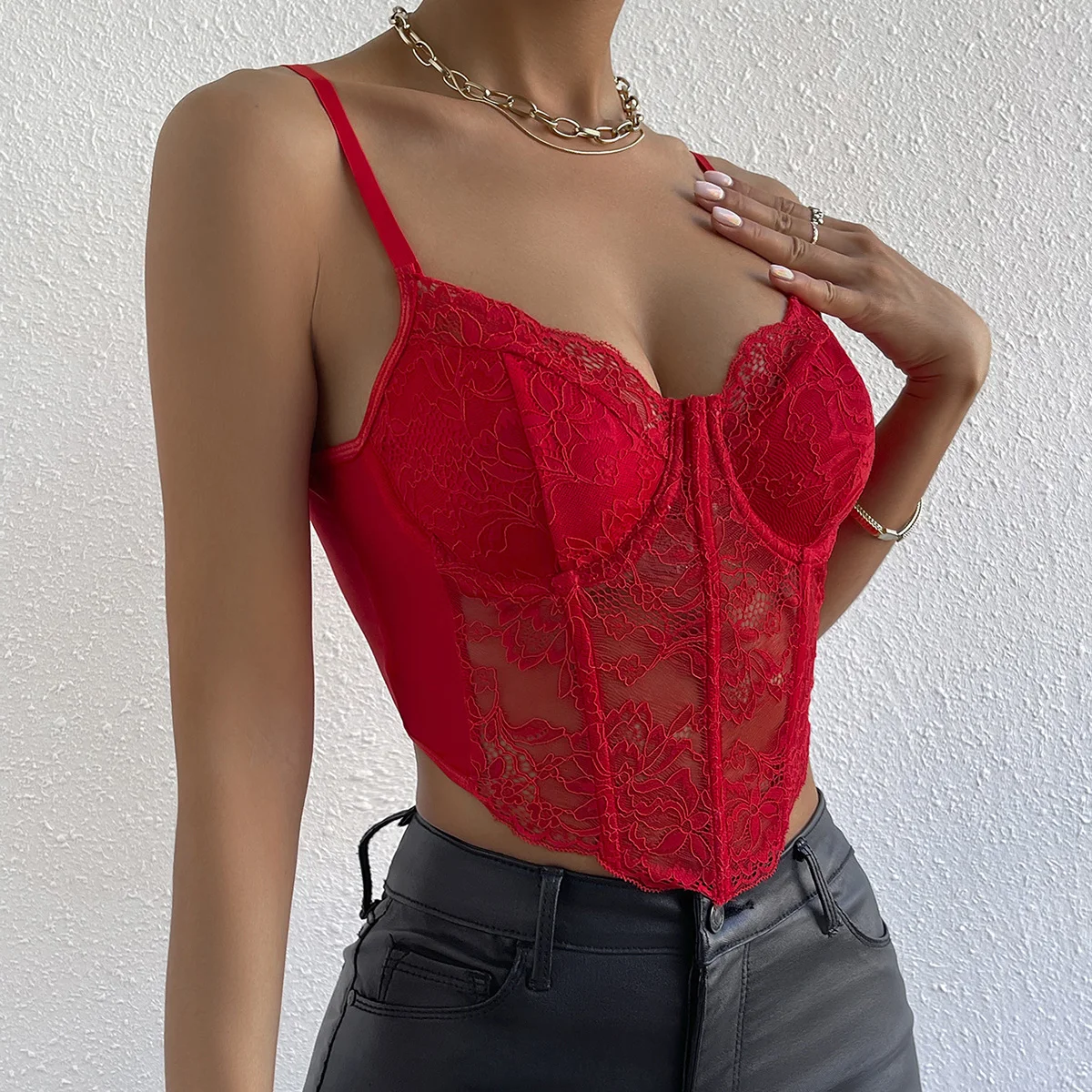 French Sexy Lace Underwire Rhomboid Fishbone Crop Top Backless Hottie Perspective Corset Red V-neck Elegant and Temperament Vest