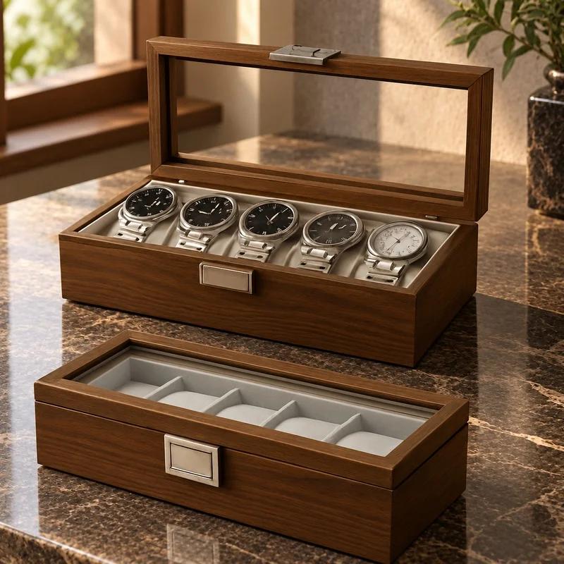 Black Walnut Wood Watch Organizer Box, Display Case for 6 Timepieces with Storage Compartments