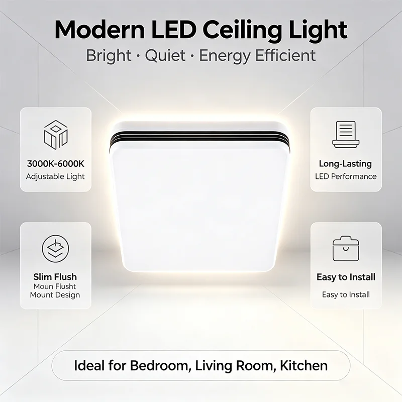 Slim Square LED Flush Mount Ceiling Light, Modern White‑Black Striped Lamp for Living Room Bedroom Indoor Home Lighting