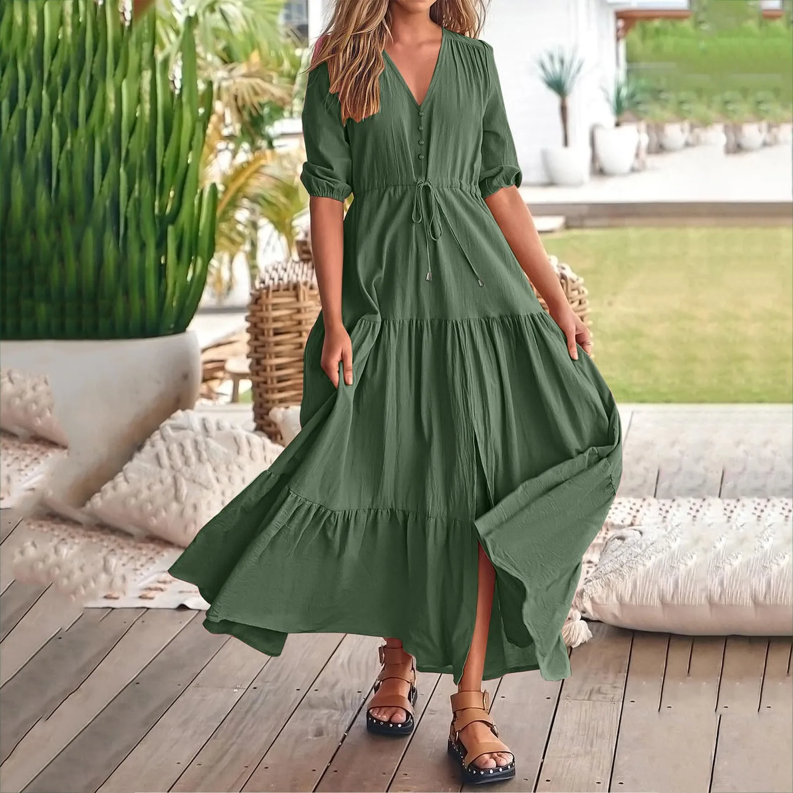 

Women's New Boho Split Long Dress Lantern Sleeves V-neck High Waist Drawstring Maxi Dress Vestidos Summer Beach Holiday Sundress