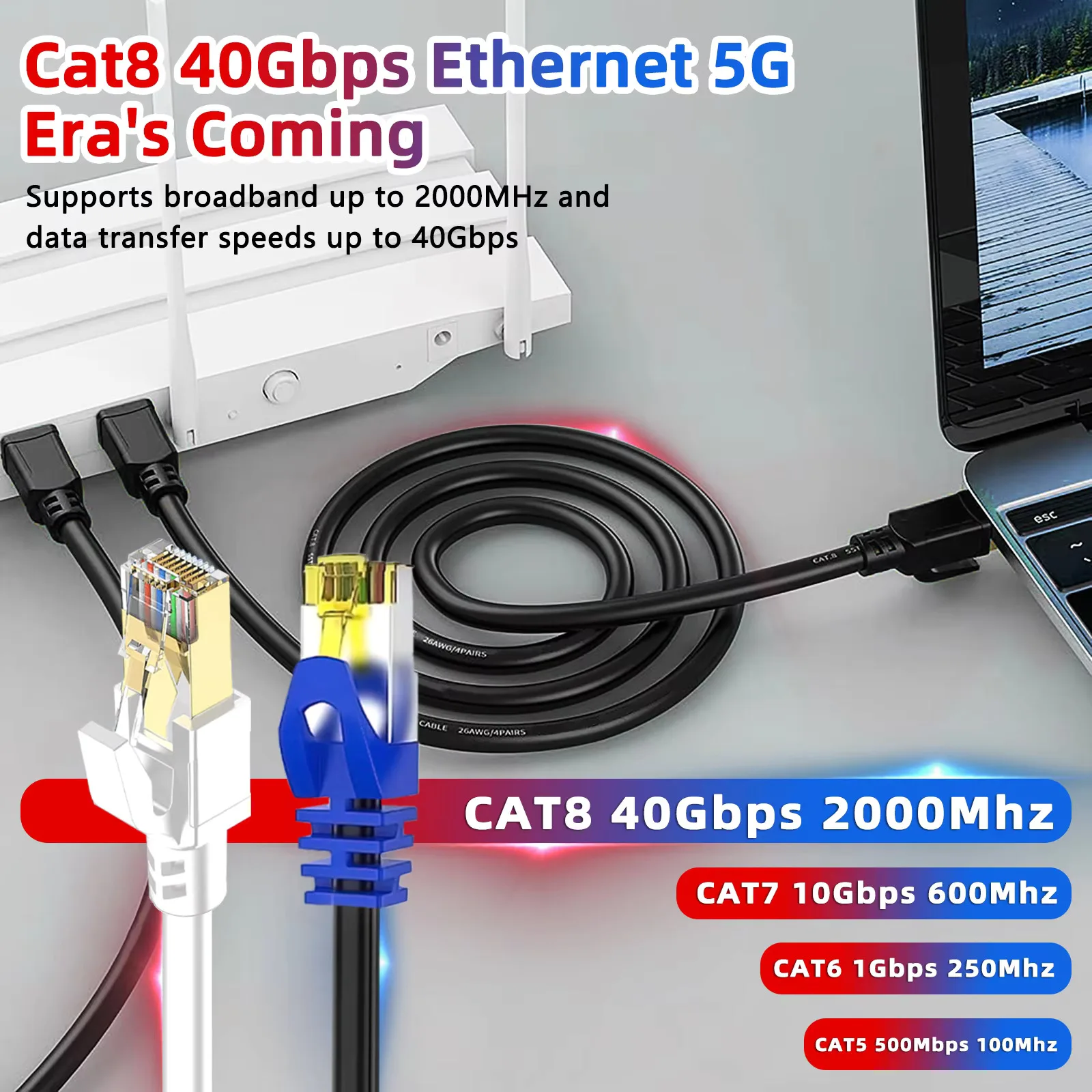 كابل إيثرنت CAT8 40Gbps RJ45 SFTP كابل شبكة الإنترنت 1/2/3/5/10/20 متر كابل سلك توصيل محمي عالي السرعة إيثرنت CAT 8
