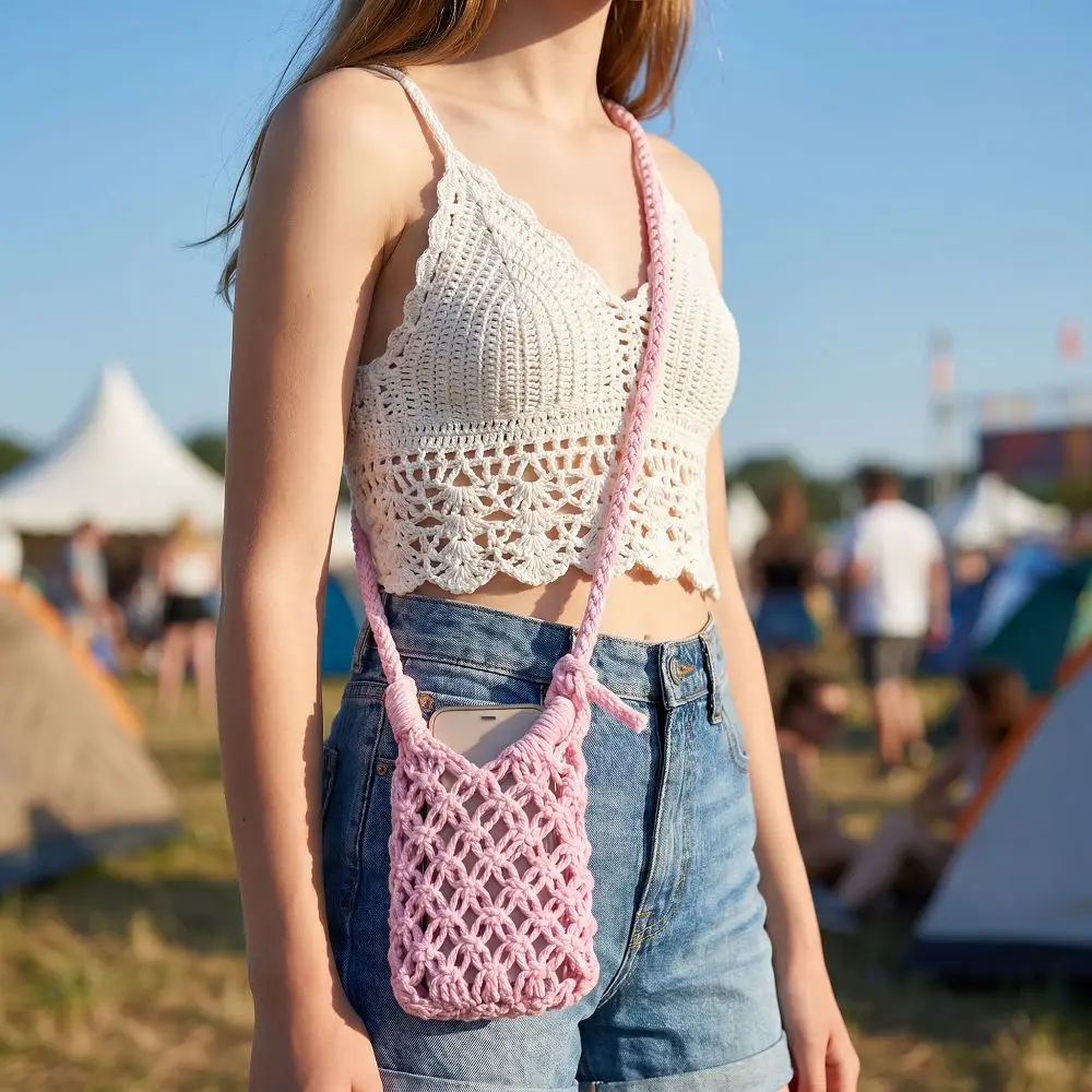 Fashion Boho Crossbody Phone Bag Lightweight Solid Color Mini Weave Bag Handmade Knitted Beach Handbags Gifts