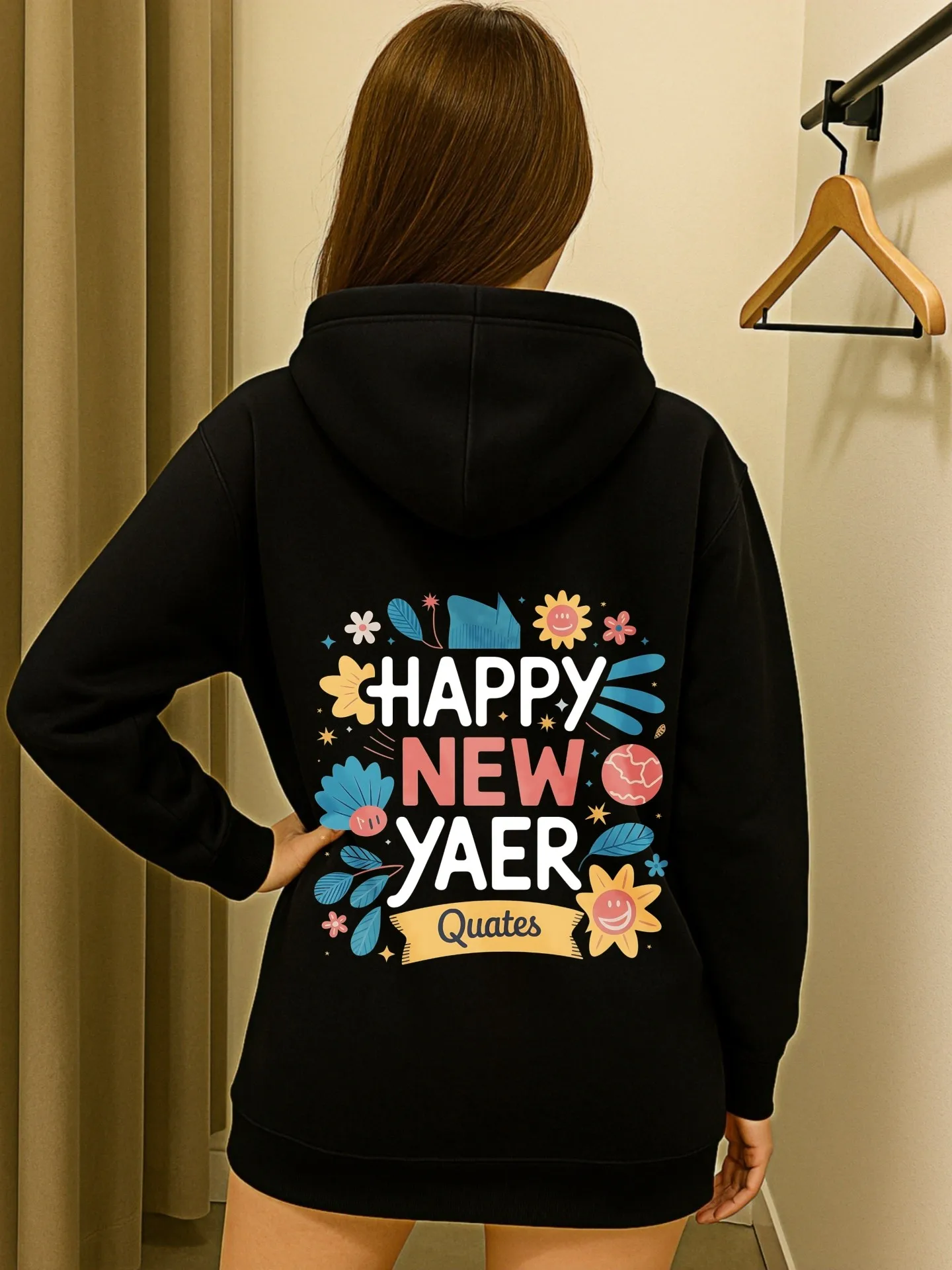 هوديي أساسي، طباعة حروف، جمالية كاجوال، صوف، ملابس يومية غير رسمية، لطلاب الجامعات #2