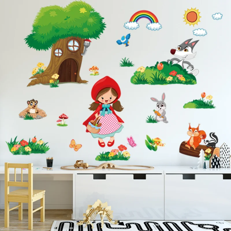 Cartoon Little Red Riding Hood Stickers DIY Scrapbook Window Glass Wall Sticker Bedroom Decora Sticker Self-adhesive Wallpaper