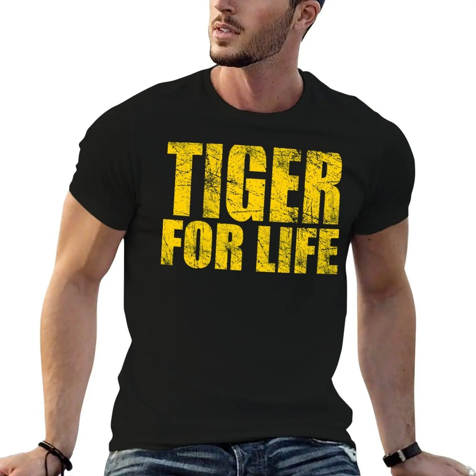 تي شيرت Tiger for Life - تي شيرت ذهبي وأرجواني للرجال بقصة ضيقة تي شيرت جرافيك