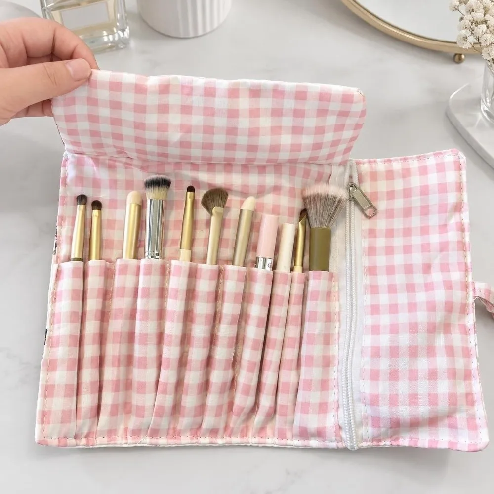 Multi-Slot Makeup Brush Roll Bag Grid Pattern Ribbon-Tie Cosmetic Brush Pouch Roll-Up Lightweight Brush Storage Wrap