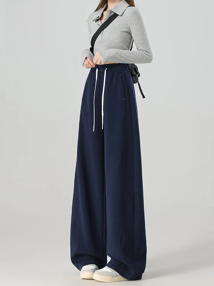 Fitn عادية بنطال ذو قصة أرجل واسعة المرأة خريف شتاء جديد فضفاض مريح مستقيم قطع بنطلون رياضي عالية الخصر مزيج القطن